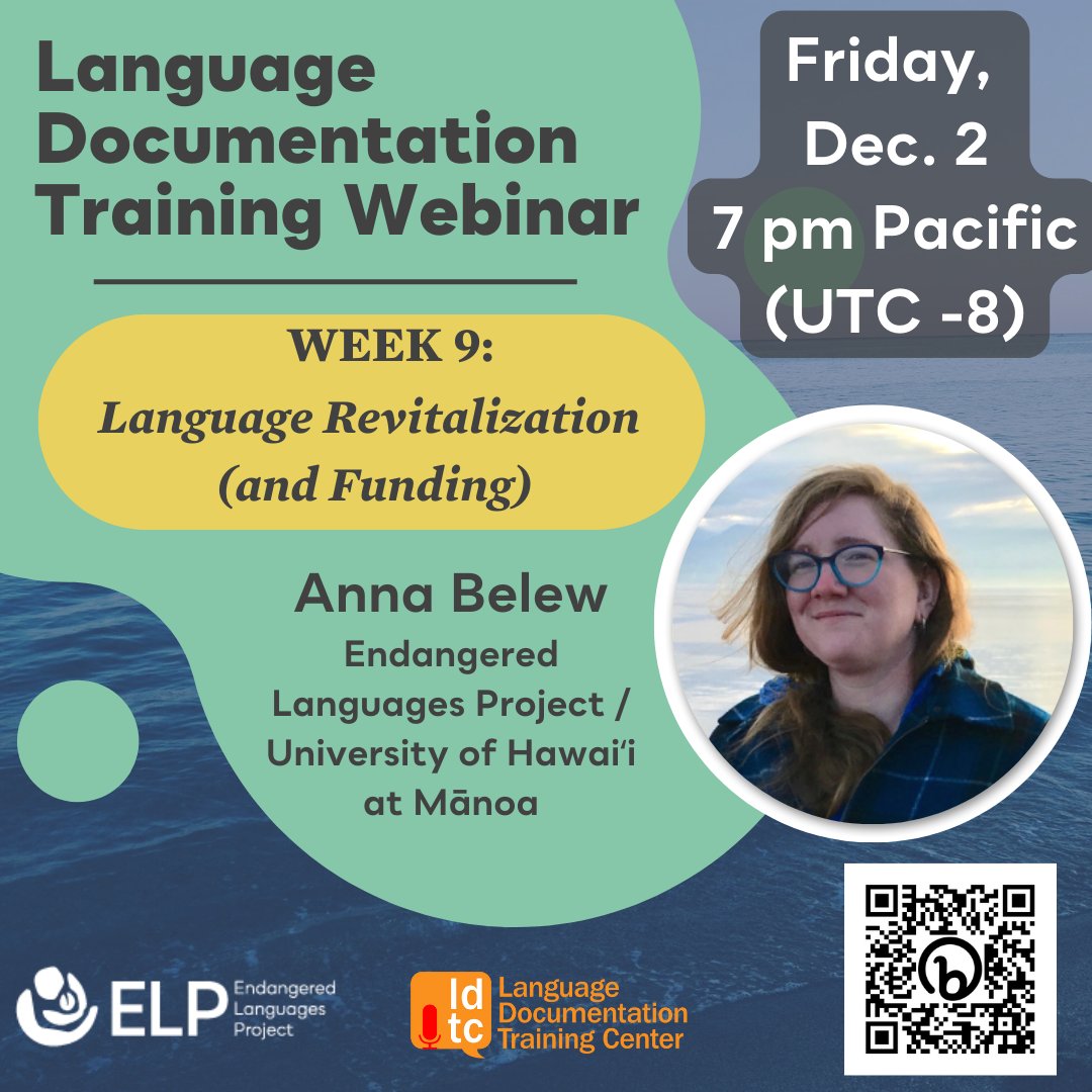 _ELProject's tweet image. Friday at 7pm Pacific - join us for Week 9 of the ELP/@LDTC_Hawaii #LanguageDocumentation webinar! We&apos;ll be talking about #LanguageRevitalization - ways to keep your language strong for future generations. 

Tune in on Zoom: bit.ly/LDWebinar-2022