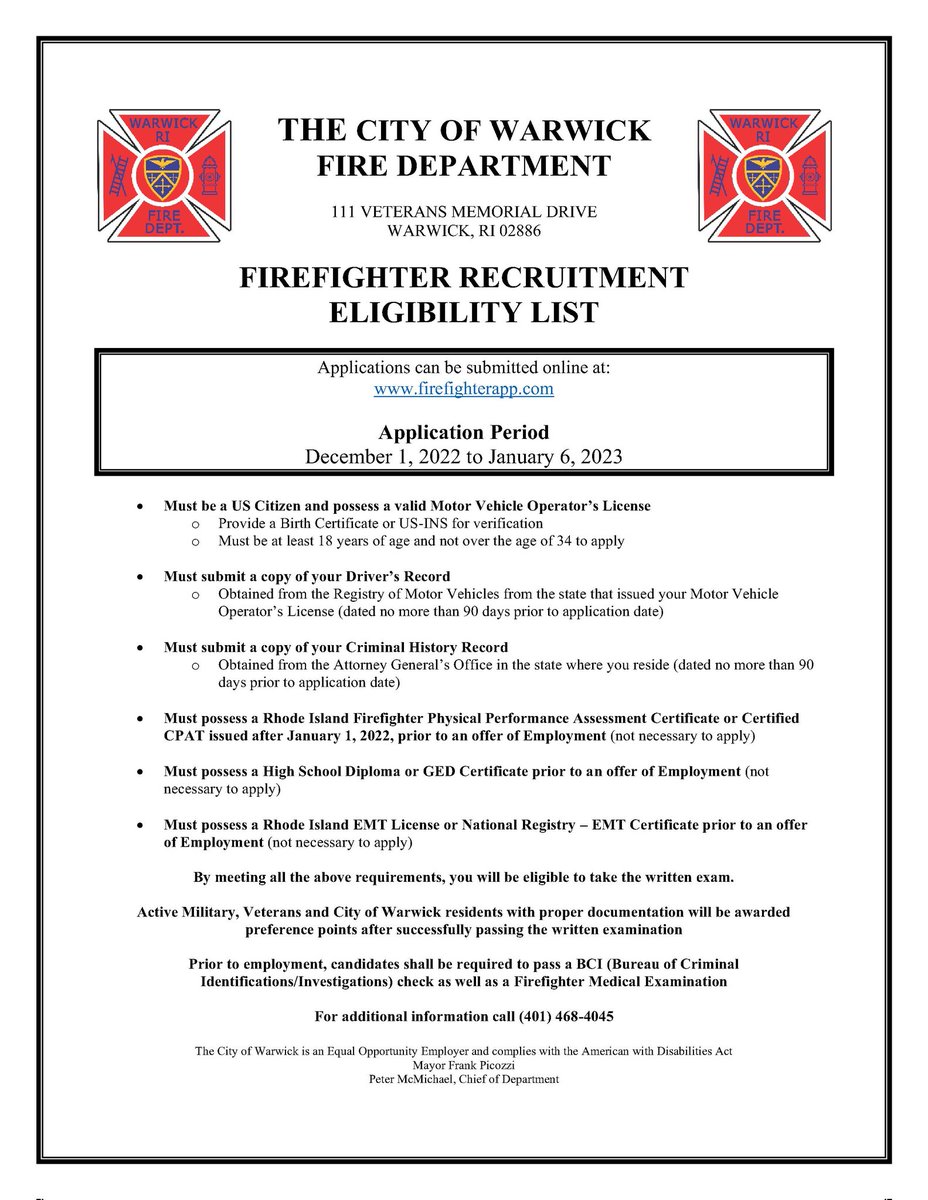Please Share!
The Warwick Fire Department will begin accepting applications for the position of Firefighter beginning on 12/1/2022. If you or somebody you know is interested in a job as a Warwick Firefighter we encourage you to apply at
firefighterapp.com/Warwick-RI-Fir…