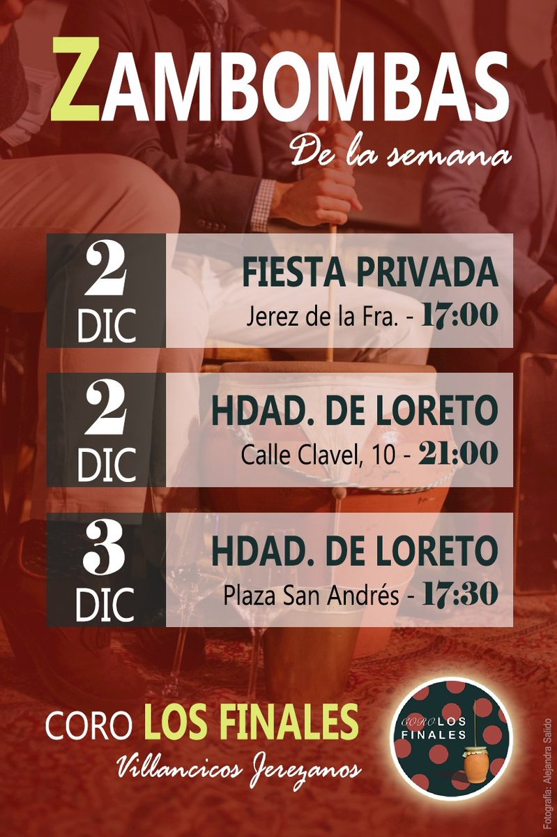 corolosfinales's tweet photo. 🔴 ¡Éstas son las #Zambombas en las que cantaremos este fin de semana! 

Te esperamos en todas ellas para disfrutar con el #CoroLosFinales de los villancicos jerezanos de siempre en el mejor ambiente 👏🏻

¡Pasamos lista! ✍️
🌲#ZambombasJerez
#Navidad2022 https://t.co/6N4rN9VIRo