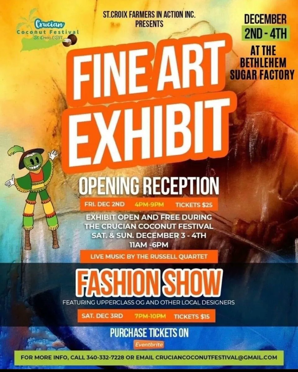 St.Croix Farmers in Action Inc. presents the Opening Reception for their Fine Art Exhibit on Friday, December 2nd, 2022. Attend the exhibits from December 2nd through 4th at the Bethlehem Sugar Factory!