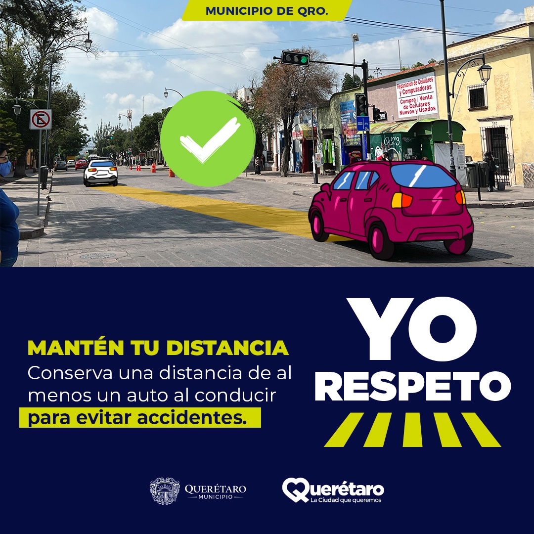 ¿Sabes cuál es la distancia que debe haber entre coche y coche al manejar? ¡Así es, son tres metros! #YoRespeto la distancia para evitar accidentes 🚙.