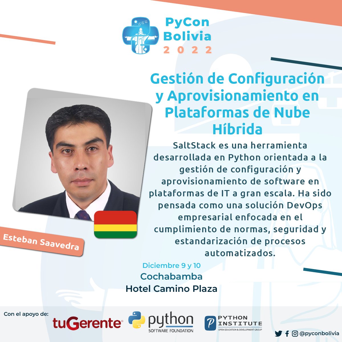 ¡Les presentamos a nuestro speaker
@EstebanSaavedra! 🥳💪
🔵Esteban nos hablara acerca de Gestión de
Configuración y Aprovisionamiento en Plataformas de
Nube Híbrida
No te pierdas esta charla!
🟡 Compra tus entradas aqui:
bit.ly/PyConPaquetes
#PyCon #Bolivia #pyconbo #python