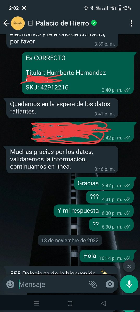 Humberto_8014's tweet photo. @palaciohierro @palaciohierro desde el 17 de noviembre mande mensaje a su WhatsApp y no se ganaron a responder solo exijo la entrega de los artículos comprados, @Profeco solicito su apoyo para hacer valer los derechos como consumidor https://t.co/Y5DfB3HkAe