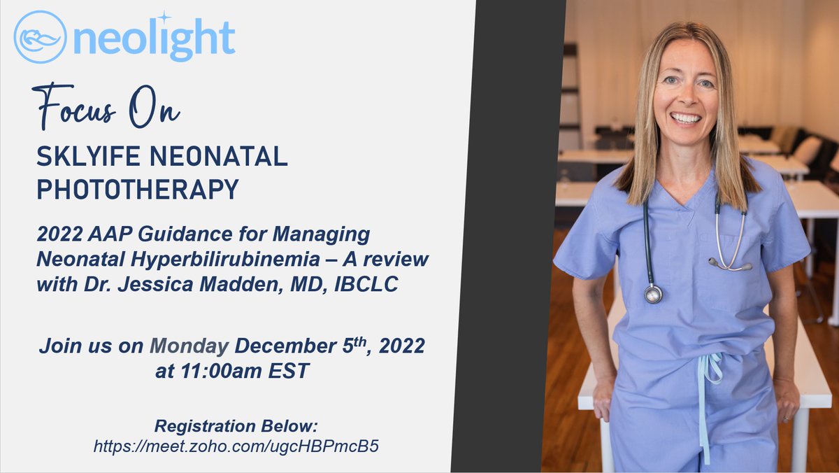 Only a few more days to register for our NeoLight CARES webinar. Join us on Dec. 5th at 11 AM EST as Dr. Jessica Madden discusses 2022 AAP Guideline changes for Management of Neonatal Jaundice. You don't want to miss this!

Register here: meet.zoho.com/ugcHBPmcB5

#jaundice #NICU
