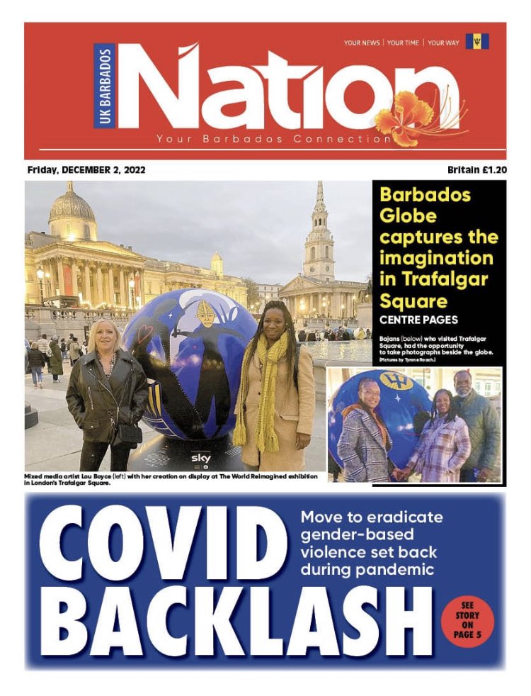 Happy Independence Day to all my Bajan family and friends 🥳🇧🇧🙌💙💛🖤 Thanks to @blackrockboy for featuring the globe I designed and painted for @TWR__org on the front page of the @NationBarbados UK edition and for helping to spread the word of the project 🙏 #Theworldreimagined