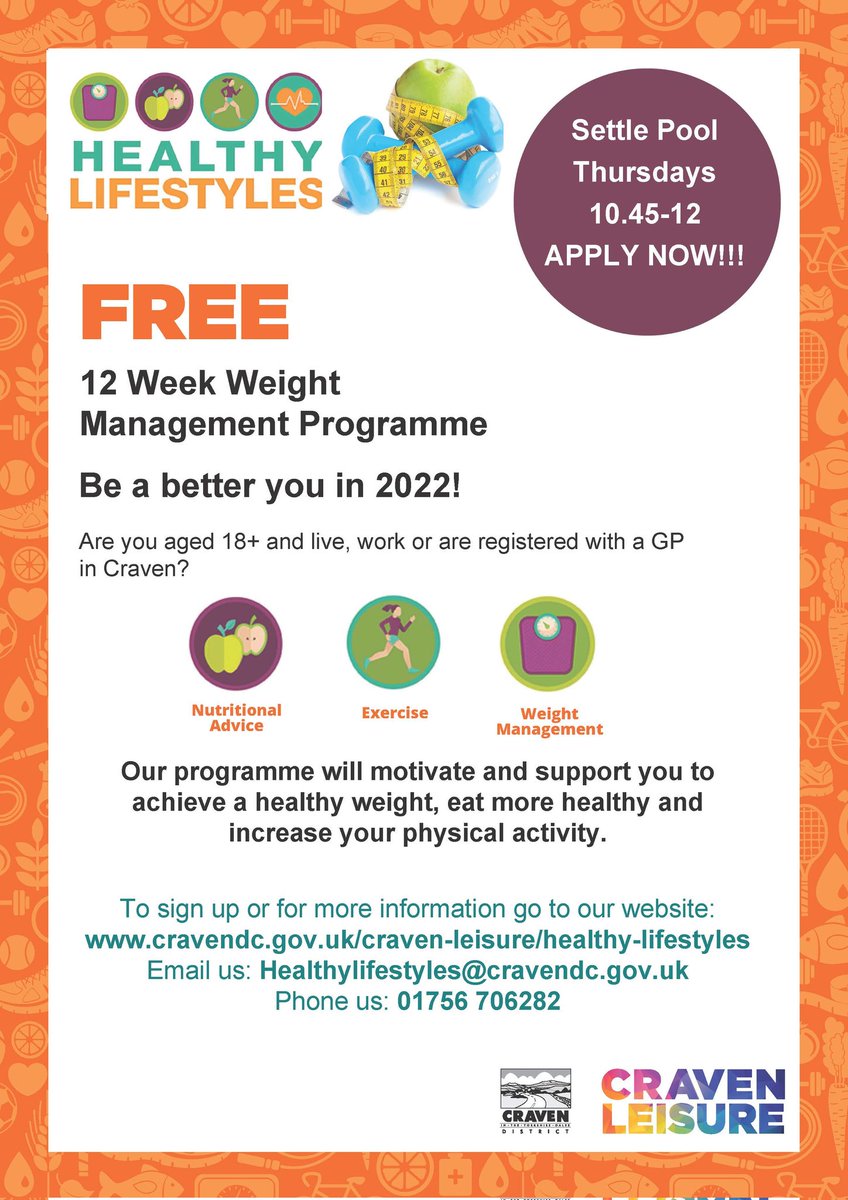We are very pleased to announce that the

**Healthy Lifestyles Programme**

makes a welcome return to Settle Area Swimming Pool 👍.

FREE motivation
FREE support

Delivered within our new facilities and access to a warm, clean swimming pool 🏊‍♂️🏊.

cravendc.gov.uk/craven-leisure…