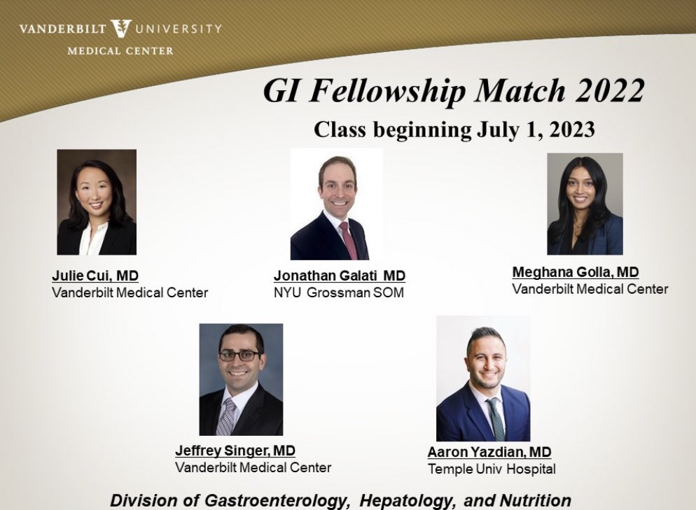 Congratulations to all of those who matched into <a href="/acgme/">ACGME</a> medical subspecialties!  We look forward to welcoming this amazing group into our @VUMC_GI family! @VUMCGME @VUMC_Medicine <a href="/VUMChealth/">Vanderbilt Health</a>