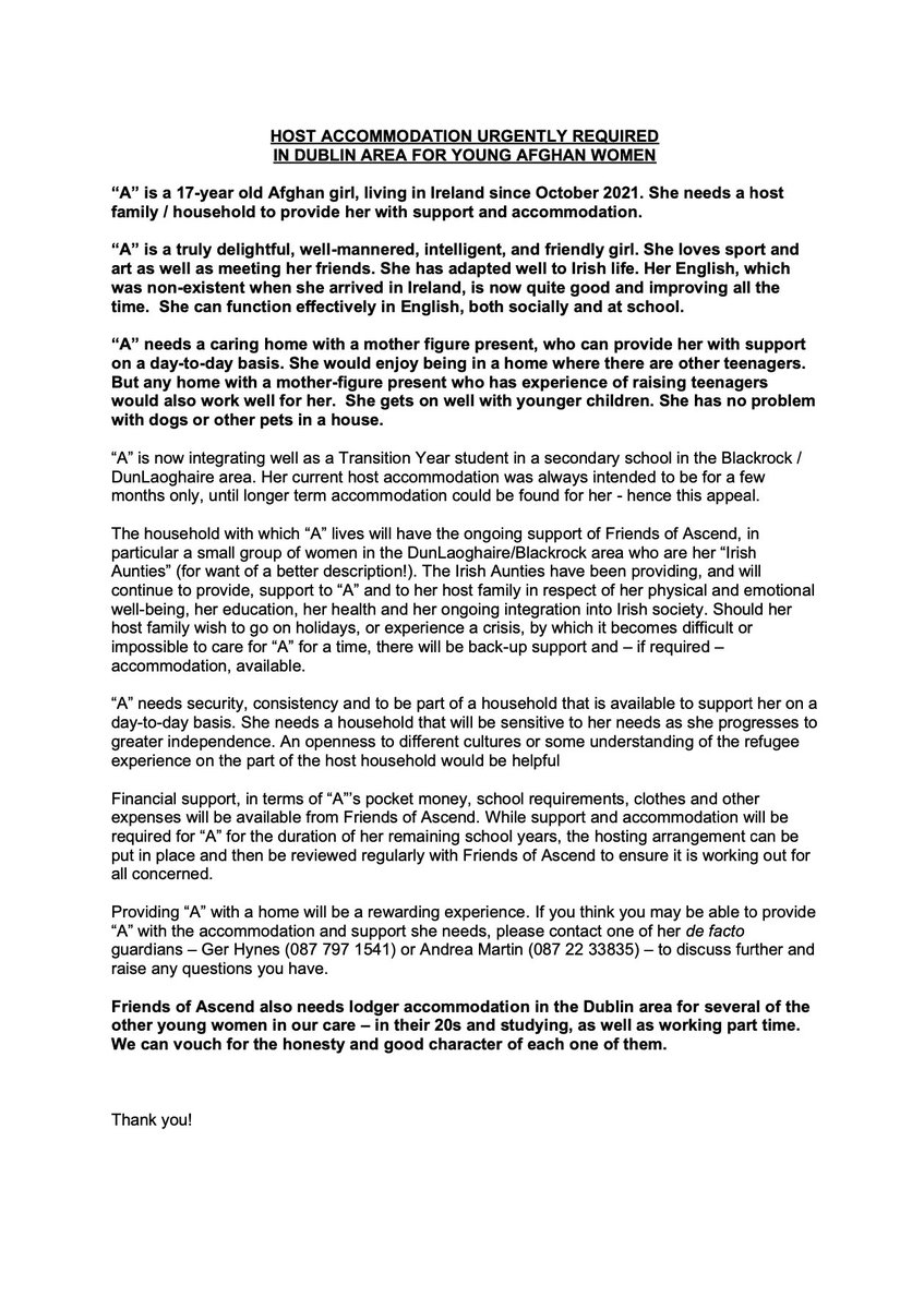 Are you the right person to provide a caring home to a young Afghan schoolgirl (17) in Dublin? Or maybe you are open to having a young Afghan woman as a lodger for a period of time? This is a wonderful opportunity to provide practical support to wonderful women.