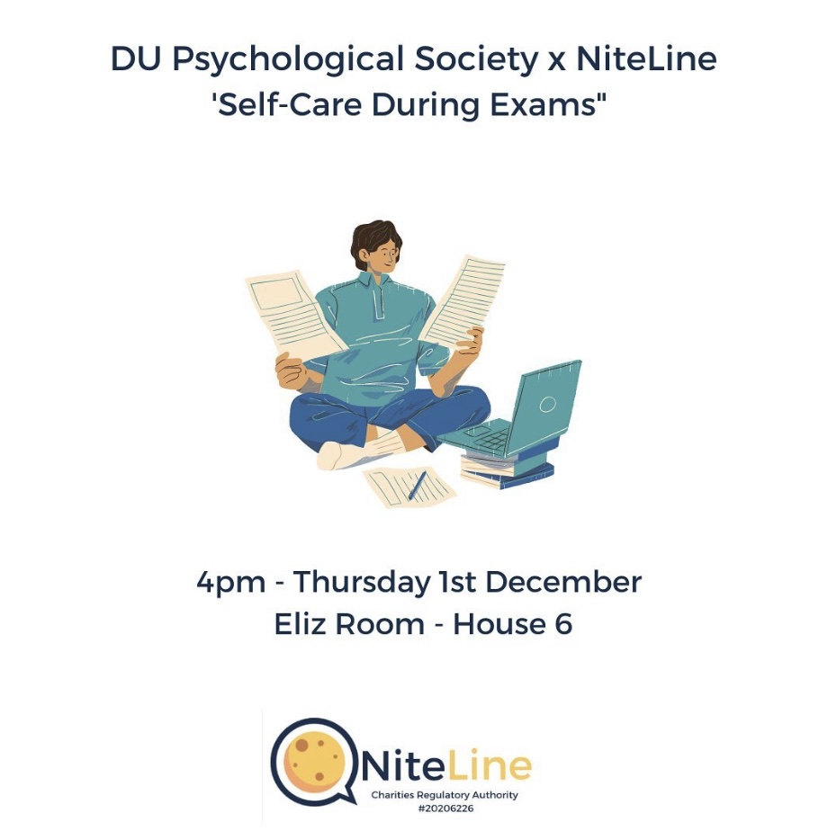 TOMORROW! We are hosting a self-care event with NiteLine at 4pm tomorrow in the Eliz Room in House 6. With exams and deadlines looming, we can often forget about looking after ourselves. This is the perfect chance to take some time to prioritise YOU! See you tomorrow ❤️🧠