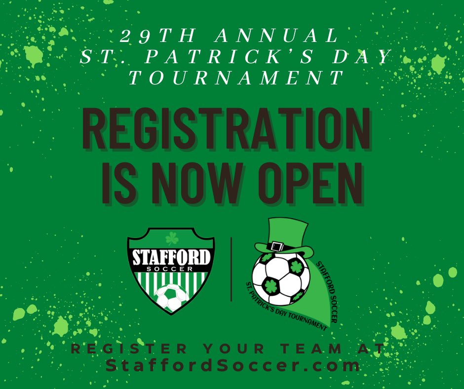 ⏰It’s coming! The 29th Annual St.Patrick’s Day Tournament is around the corner! 
🍀GIRLS WEEKEND: March 11-12, 2023 
🍀BOYS WEEKEND: March 18-19, 2023
Team Registration is OPEN at staffordsoccer.com #stpaddys2023 #allgamesonturf #soccertournament