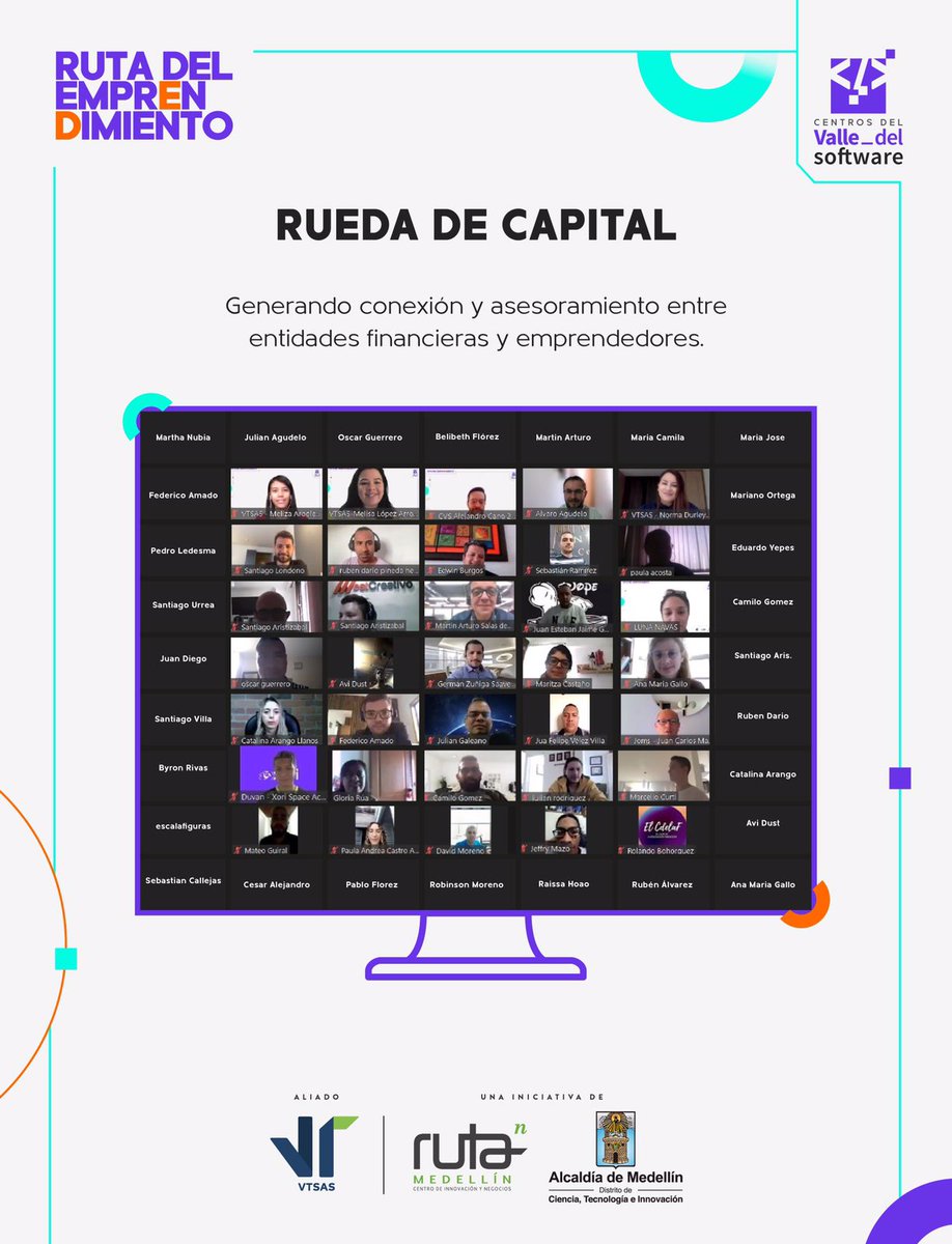 VTSAS's tweet photo. Desarrollamos la Rueda de Capital, donde participaron 6 entidades financieras y +80 emprendedores, logrando establecer contactos, conocer sobre oportunidades de financiación, plataformas de crowfonding y perfilar inversiones para sus planes de negocio. 
@AlcaldiadeMed @Ruta_N https://t.co/4JYYHYtmza