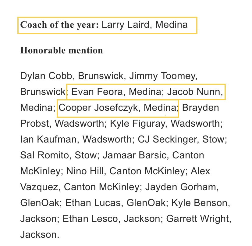 Great showing for <a href="/MedinaFootball_/">Medina Football</a> in the all district awards: <a href="/Dstod_19/">Danny Stoddard</a> @bschramm18 <a href="/know_knowles/">AUSTIN CHEATCODE KNOWLES</a> <a href="/michaelgleske/">michaelgleske</a> <a href="/PrestonPenning6/">Preston Pennington</a> <a href="/NathanNunn9/">Nathan Nunn</a> <a href="/HulveyTallen/">Tallen Hulvey</a> @jwojciak34 <a href="/EFeora53/">Evan Feora</a> <a href="/Jacobtylernunn/">Jacob Nunn</a> <a href="/CooperJosefczyk/">Cooper Josefczyk</a> and Coach of the Year Larry Laird #Proud