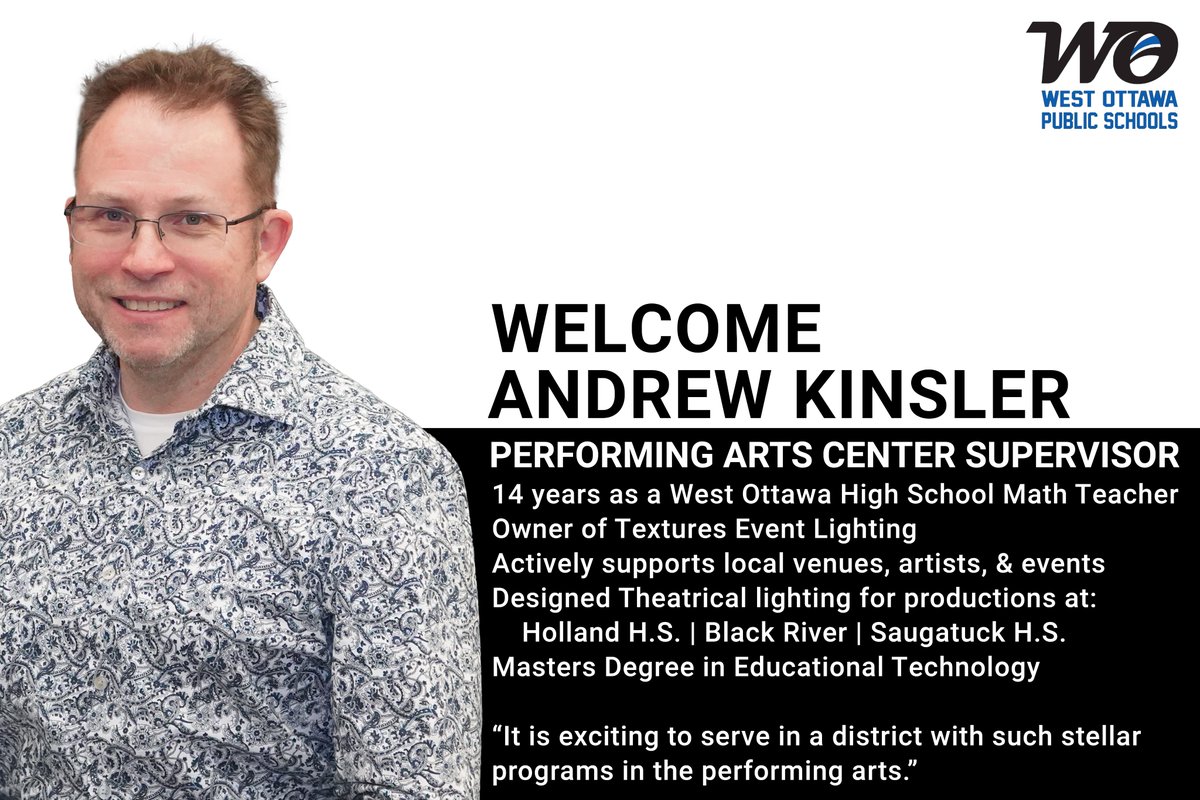 We would like to extend a warm welcome to Mr. Andrew Kinsler on being named the new Performing Arts Center Supervisor. Andrew has recently begun serving in this role, and will oversee both PAC's when the new one is complete!

#GoWO
#WeareOne 

◼️🎭◻️