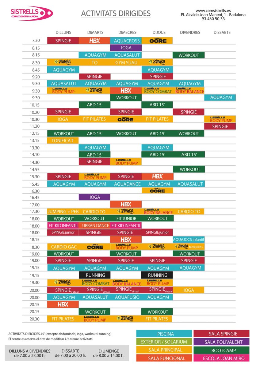 Cem_sistrells's tweet photo. 🗓️Programació 

#CEMSistrellsBadalona #CEMSistrells #Sistrells #Sistrellséssalut #Badalona #BDN #Barcelona #BCN #esport #activitat #física #activitatfísica #salut #gimnàs #fitness #centre #esportiu #centreesportiu #gym #horari #horaris #programació #objectius #piscina #spa #relax https://t.co/RyLCyeR7AY