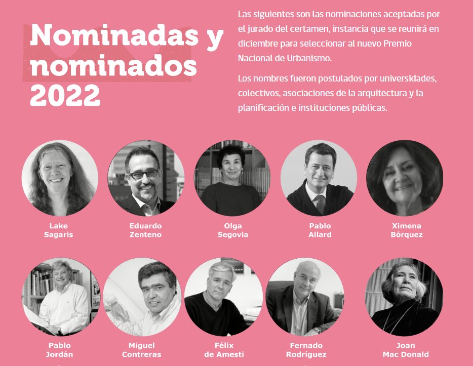Con emoción les contamos que nuestra compañera <a href="/LakeSagaris/">Lake Sagaris</a> oficialmente esta nominada al Premio Nacional de Urbanismo 2022. Este reconocimiento nunca ha sido entregado a una mujer y ella junto a Olga Segovia, Ximena Borquez y Joan Mac Donald han sido un enorme aporte al país. 👏🏽