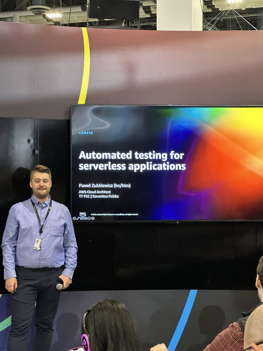 afronski's tweet photo. Look whoβs on stage of #DevChats at Developer Lounge! @pzubkiewicz himself talking about testing #Serverless applications. βοΈπͺπ»π΅π± https://t.co/I8T0x7pWSt