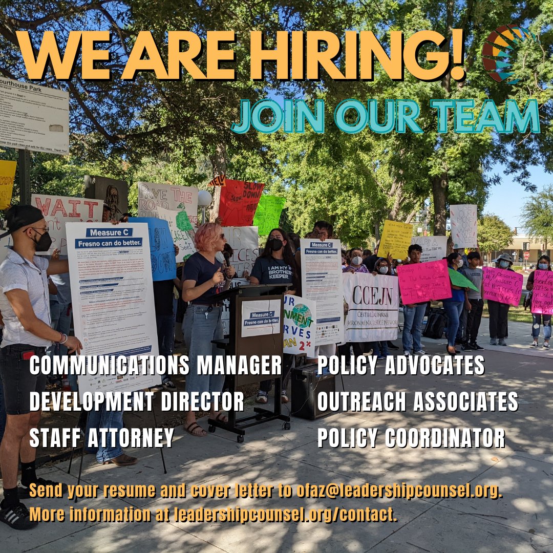 LCJandA's tweet image. ✨ We are hiring! ✨

LCJA is hiring for a variety of jobs based in Fresno, Bakersfield, Coachella, and Merced. 

Passionate about storytelling and environmental justice? Join our team as a communications manager! 

More details on all open positions at leadershipcounsel.org/contact.