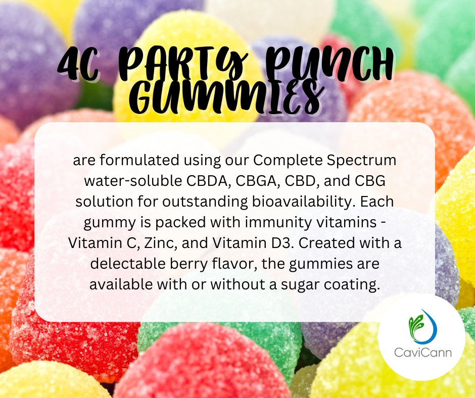 cavicann's tweet photo. Our  4C Party Punch Gummies are formulated using our Complete Spectrum™ water-soluble CBDA, CBGA, CBD, and CBG solution for outstanding bioavailability. Each gummy is packed with immunity vitamins - Vitamin C, Zinc, and Vitamin D3. https://t.co/8RQp043RgW