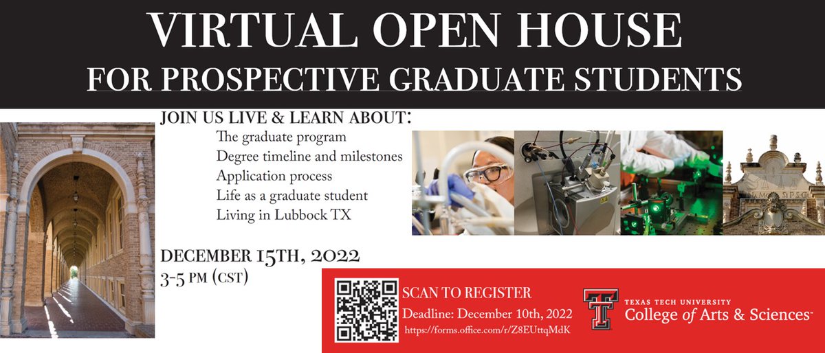 We are hosting our very first virtual open house for our graduate (PhD) program in the Department of Chemistry and Biochemistry at Texas Tech. Join us to learn more about our program and the exciting research taking place out here in West Texas.