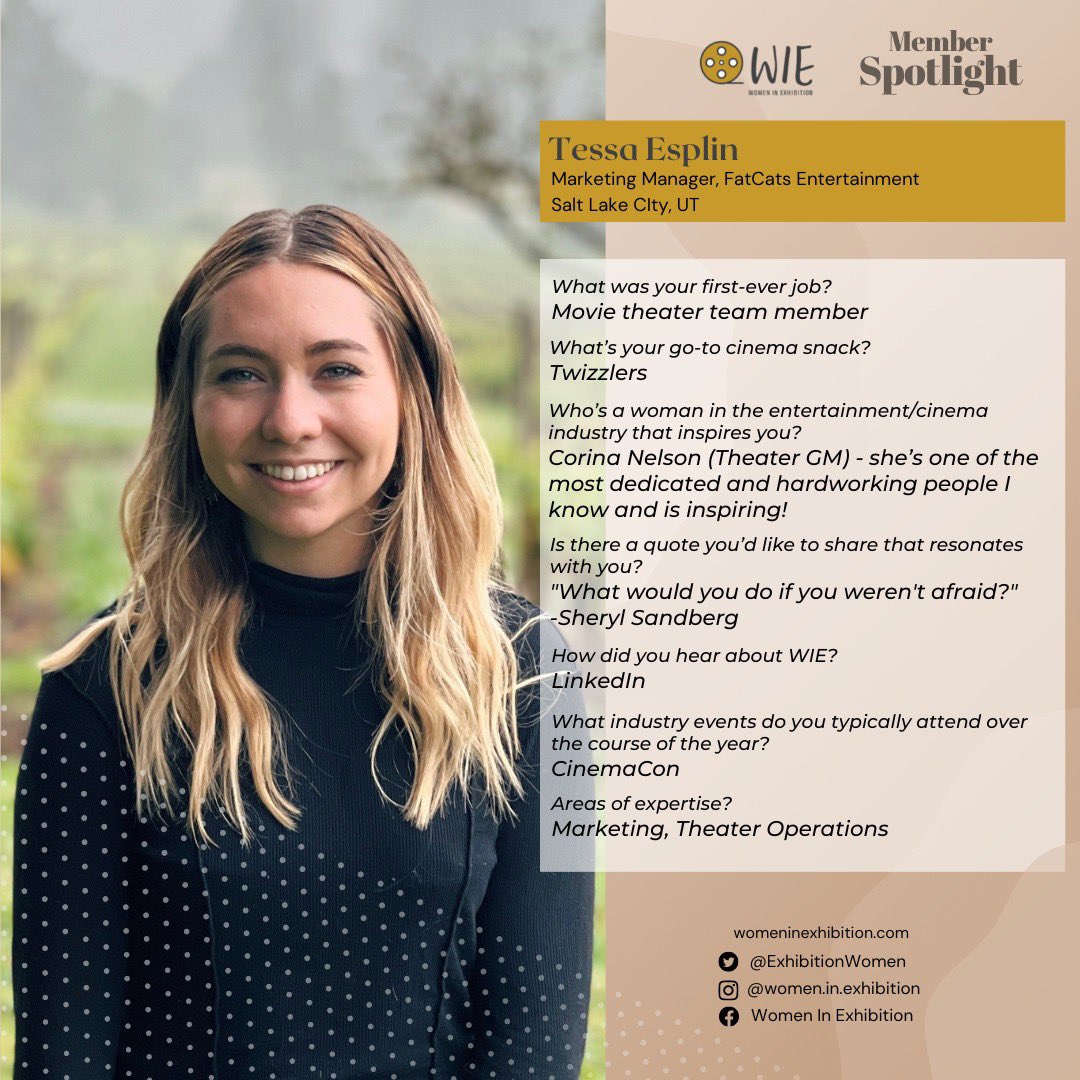 ExhibitionWomen's tweet photo. Check out this week's #WIEMemberSpotlight! Learn more about one of our members, Tessa Esplin, Marketing Manager from @fatcatsfun!
#WIE #WomenInExhibition #marketing #WCW #cinema #cinemaexhibition #femaleentreprenuer #movies https://t.co/BMlS4CsDC1