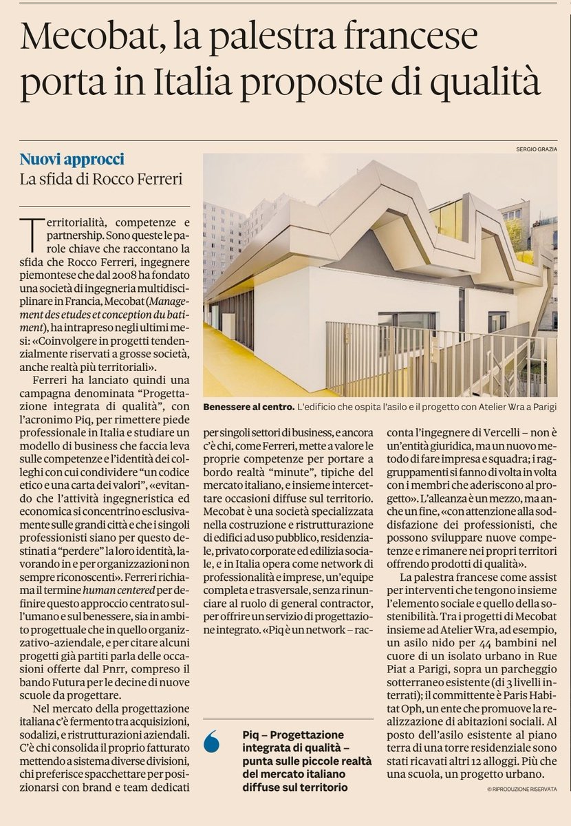 Sole24Ore parla di <a href="/MECOBAT_PIQ/">MECOBAT Ingénierie/Progettazione Integrata Qualità</a> e delle parole chiave del suo sviluppo in Italia : territorialità, competenze, partnership