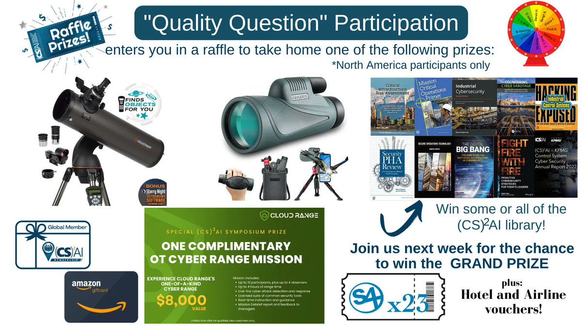 Excited about our symposium prizes for Dec 1 &amp; Dec 7!Prizes include: a telescope &amp; monoscope, an OT Cyber Range mission, a ticket to S4x23, airline &amp; hotel vouchers &amp; a library of cyber booksAsk some quality questions for a chance to win! Register here: buff.ly/3uefBAw