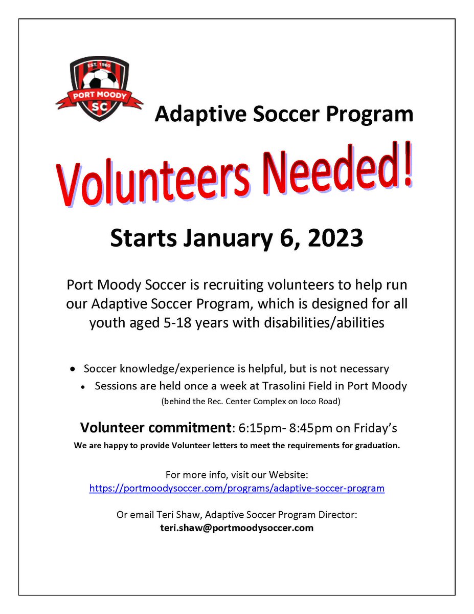 Port Moody Adaptive Soccer is looking for volunteers for their program, which begins on January 6th.

Please see the link for more information on getting involved with this fun and rewarding opportunity!

ow.ly/sQ4M50LRJa2