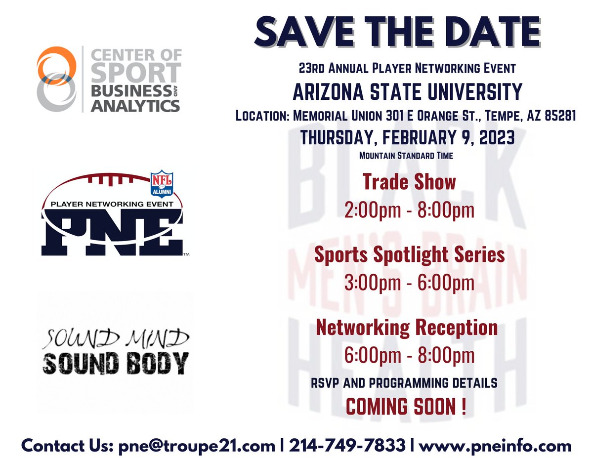 NFLPNE's tweet photo. Save the date for the 23rd annual Player Networking Event hosted at Super Bowl LVII in Phoenix, Arizona on Thursday, February 9th 2023 from 1pm - 8pm. Stay tuned for event details and ways to get involved!  #SuperbowlLVII #NFLAlumni #NFLPNE https://t.co/Maobo0KyXC