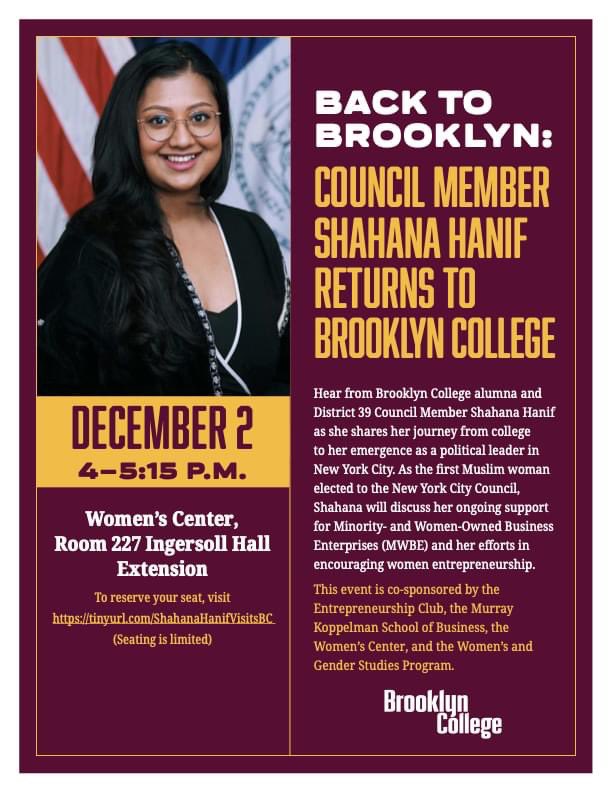 BC Women's Center (@bcwomenscenter) on Twitter photo Back To Brooklyn! Join us for a visit from BC Alumna & D39 Council Member Shahana Hanif as she shares her journey from college to her emergence as a political leader in NYC.
Fri, 12/2 at 4pm
📍227 Ingersoll Hall Ext
Reserve your seat tinyurl.com/ShahanaHanifVi…
<a href="/ShahanaFromBK/">Re-Elect Shahana Hanif!</a> Back To Brooklyn! Join us for a visit from BC Alumna & D39 Council Member Shahana Hanif as she shares her journey from college to her emergence as a political leader in NYC.
Fri, 12/2 at 4pm
📍227 Ingersoll Hall Ext
Reserve your seat tinyurl.com/ShahanaHanifVi…
<a href="/ShahanaFromBK/">Re-Elect Shahana Hanif!</a>