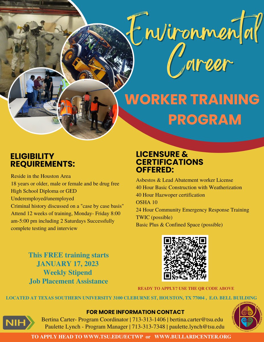 BullardCenter's tweet photo. Time is running out for you to apply for our Worker Training Program. Click the link in our bio for more details. #ECTWP #thebullardcenter #texassouthern #tsu #environment #environmentalcareers #BCECJ https://t.co/0mETVZrNY5