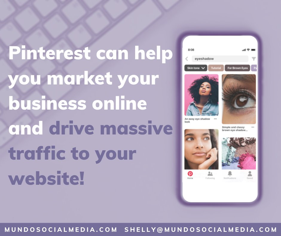 Pinterest is a great way to drive traffic to your website! The platform is most popular with women w/ a high socio-economic class who use the beautiful image to make purchase decisions. If that makes you want to consider Pinterest, email us at shelly@mundosocialmedia.com!