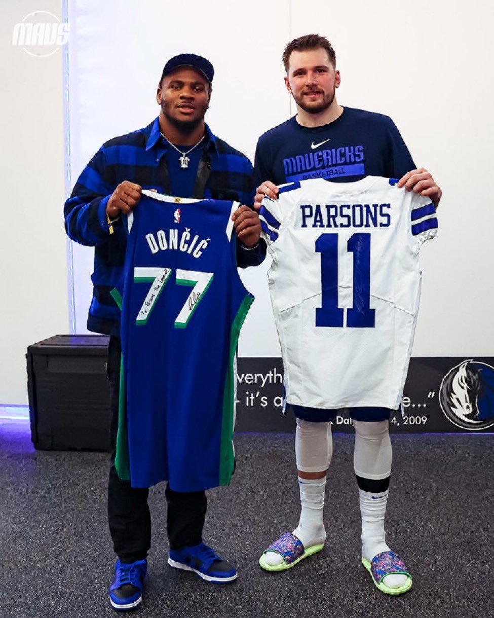 Jori Epstein on X: 'Cowboys star Micah Parsons and Mavs star Luka Doncic  met for first time last night. Exchanged jerseys. “I'm still shocked that  we're the same age,” Micah said he