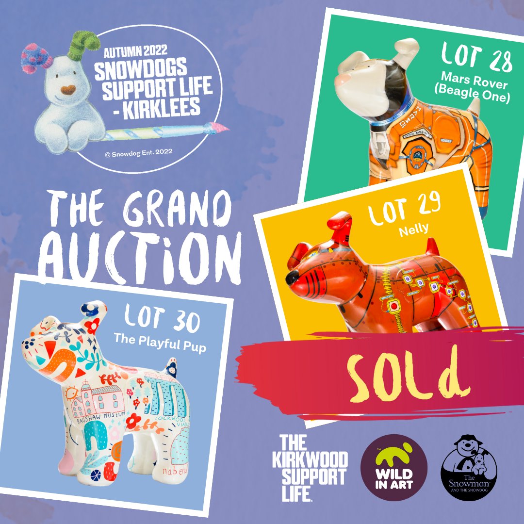 SnowdogKirklees's tweet photo. The gavel has gone down on the very last lot. We're delighted to say that all 32 of our amazing #Snowdogs have been successfully rehomed this evening. Keep an eye out for the Grand Total once we've counted up! 

#SnowdogsKirklees
#thekirkwood
#supportlife https://t.co/J9TSfEODka