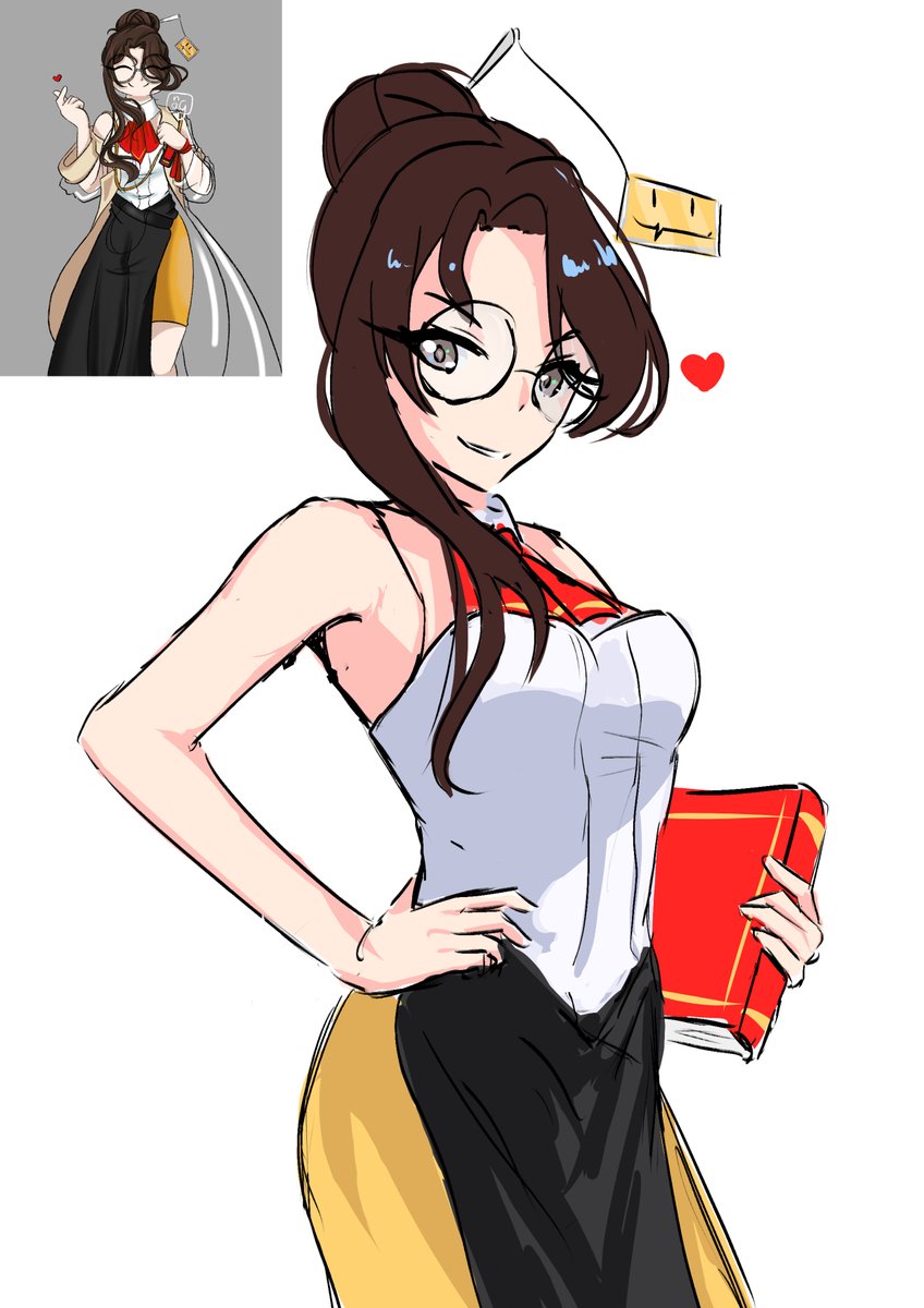 1girl glasses skirt holding shirt smile brown hair  illustration images