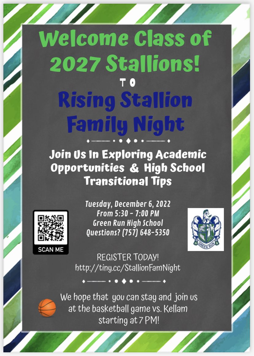 Attention all 8th grade students who are attending <a href="/GRHS_Stallions/">Green Run Stallions</a> next year 🚨 We hope you can join your future classmates and begin your 💚🐎💙journey on December 6th!