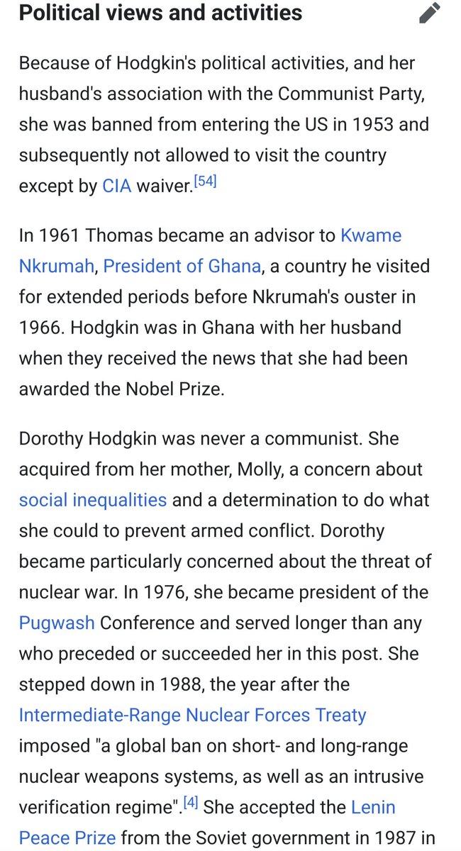 alicirce's tweet photo. Nobel Prize-winner Dorothy Hodgkin's Wikipedia page is like: "her PhD advisor was a communist, her husband was a communist &amp; advisor to Nkrumah, she was barred from the USA, she collaborated with communist Soviet and Chinese scientists...

But she was Definitely Not A Communist." https://t.co/p0jXO6jKc0