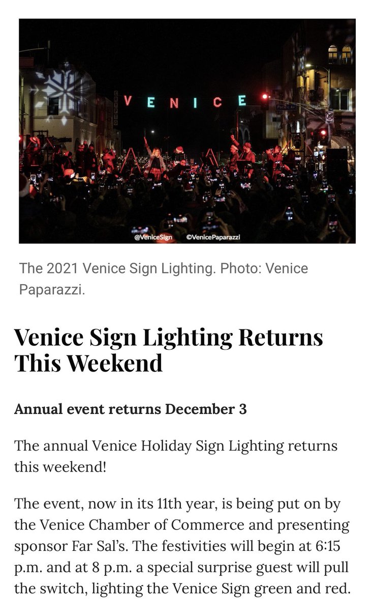 garbear51's tweet photo. It’s happening! The #VeniceSignLighting is this  Saturday, December 3rd. 

I would ❤️ to see #TraciPark as the surprise guest to pull the switch. She is bringing new light to our community and is the perfect person to do the honors.

@TraciParkforLA
@VeniceChamber https://t.co/t13qDbIpoF