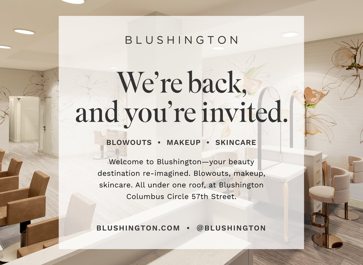 Blushington's tweet photo. @Blushington is back and open in NYC!  Use code Twitter20 for 20% off blowouts, makeup applications and more . . .  Book now https://t.co/KavuGftdvT.  We can't wait to see you 💋💋💋 https://t.co/NvQeu4o04v