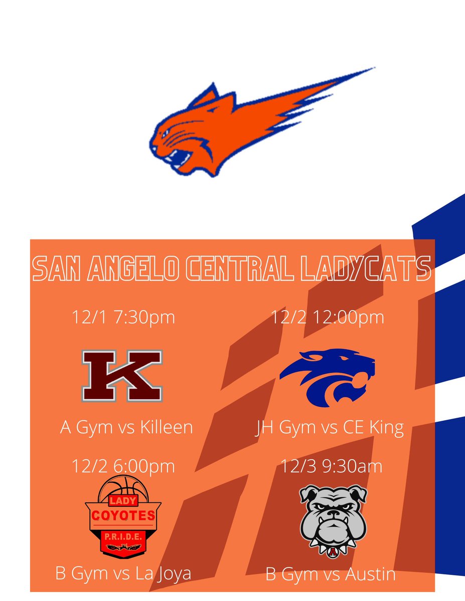 centralcathoops (@centralcathoops) on Twitter photo The Lady Cats begin day 1 of the Leta Andrews Battle of the Bay Tournament tomorrow night at Calallen High School. They will take on Killeen at 7:30pm. Safe travels and Sic Em Cats! ๐งก๐พ๐๐
<a href="/SAISD_Athletics/">San Angelo ISD Athletics</a> @CentralCan <a href="/SanAngeloISD/">San Angelo ISD</a> The Lady Cats begin day 1 of the Leta Andrews Battle of the Bay Tournament tomorrow night at Calallen High School. They will take on Killeen at 7:30pm. Safe travels and Sic Em Cats! ๐งก๐พ๐๐
<a href="/SAISD_Athletics/">San Angelo ISD Athletics</a> @CentralCan <a href="/SanAngeloISD/">San Angelo ISD</a>