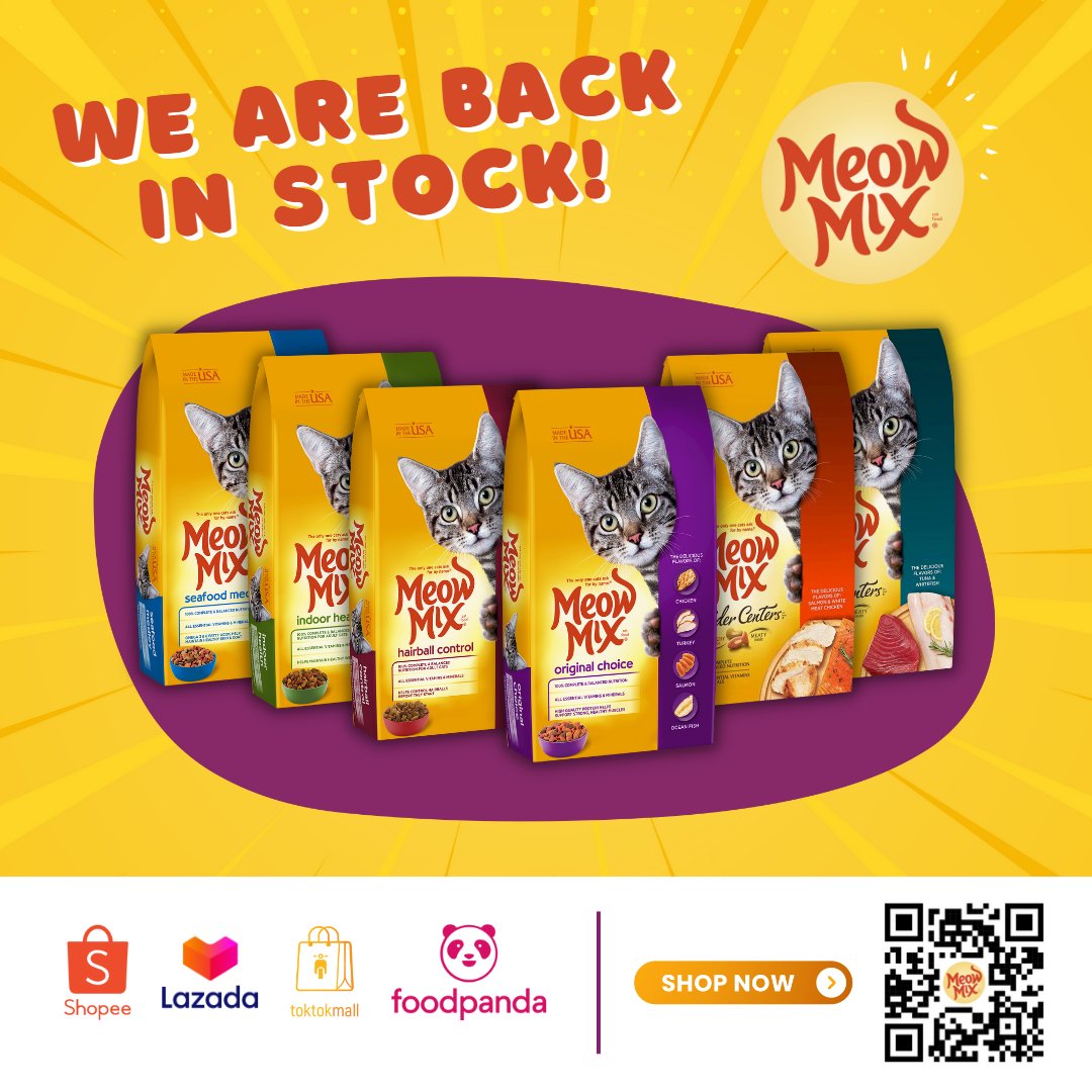 meowmixph's tweet photo. WE'RE BACK IN STOCK!

Just simply scan the QR code in the photo and you will be directed to the links of our online shopping platforms currently available. Like and share to spread the good news! 💛🧡💜

https://t.co/r8uiHmGmgr

#MeowMixPH #WeGoTheExtraMeow https://t.co/yQYk67rh9J