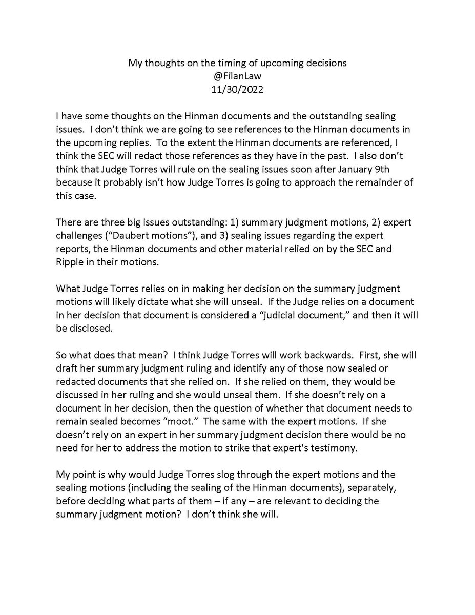 FilanLaw's tweet photo. #XRPCommunity #SECGov v. #Ripple #XRP 
I have some thoughts on timing regarding the Hinman documents, the summary judgment motions and the outstanding sealing issues.  Rather than typing out a long thread, I've written them in the attached document. https://t.co/Q5sPTCiFL6