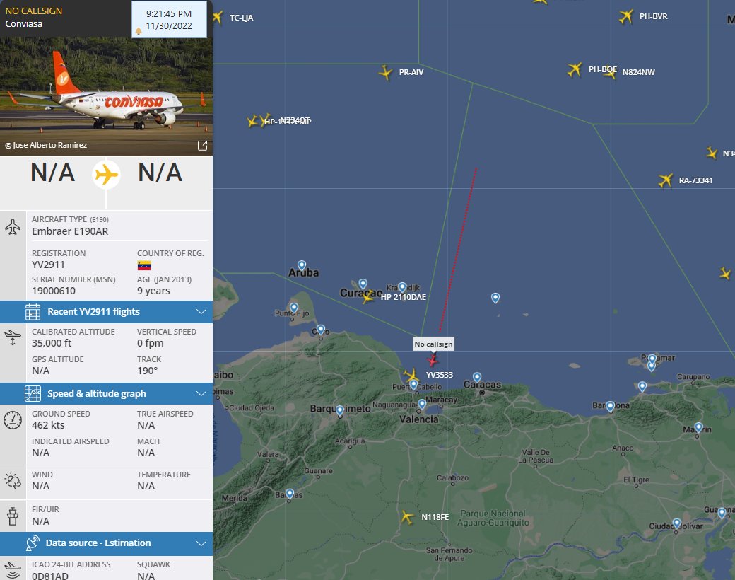 FlconEYES's tweet photo. Embraer 190-100IGW 
Carguero @LAConviasa @Conviasa
  
#YV2911 | YV2911 

Entrando a #Caracas
#PlaneAlert #AvGeek #ADSB #Aviation #OSINT #30Nov https://t.co/ppEwEENoVn