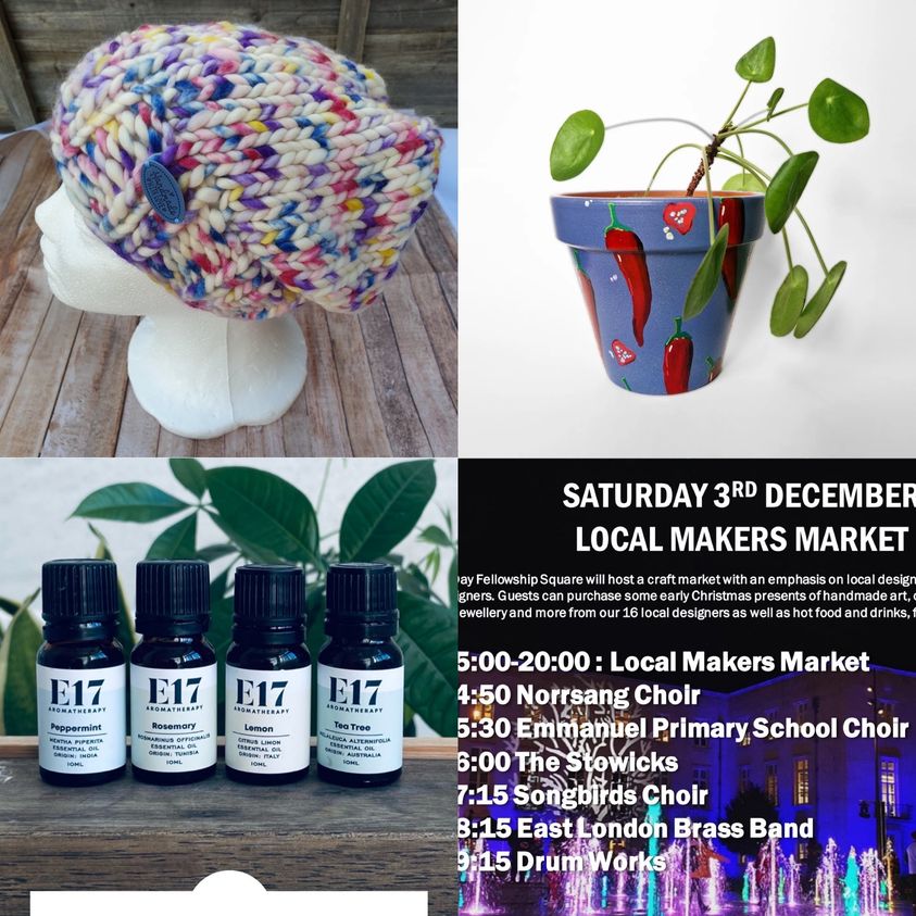 LnSDesigners's tweet image. This Saturday - knits from Helenashandmadestory; painted pots by Artist Vik; oils from E17 Aromatherapy.  Plus #Christmas songs from local choirs, #music from @The_Stowicks and the East London Brass Band!
All in #FellowshipSquare 3rd December 3-8pm. #E17
#Christmasmarket #gifts