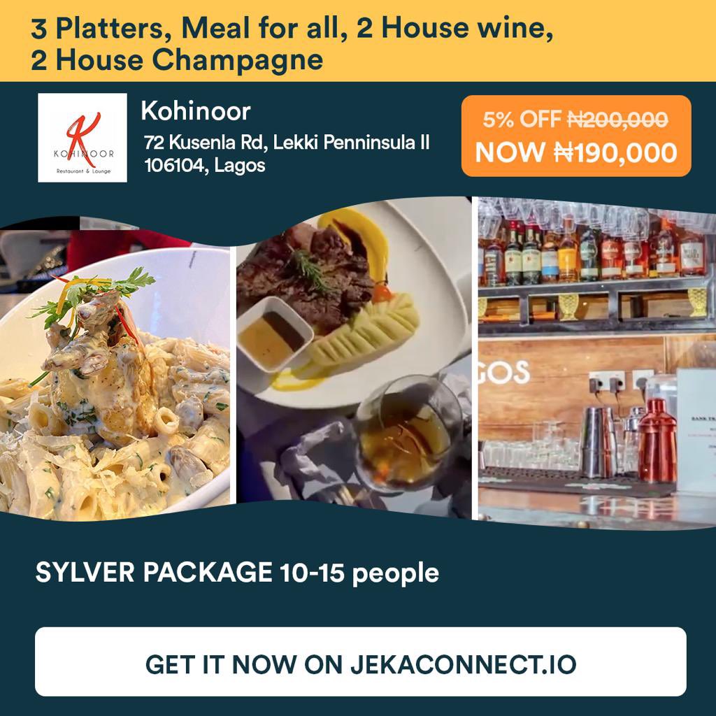 JekaConnect's tweet image. Give your gang a treat at @KohinoorLagos!
Get this deal on Jekaconnect by visiting jekaconnect.io and downloading the app.