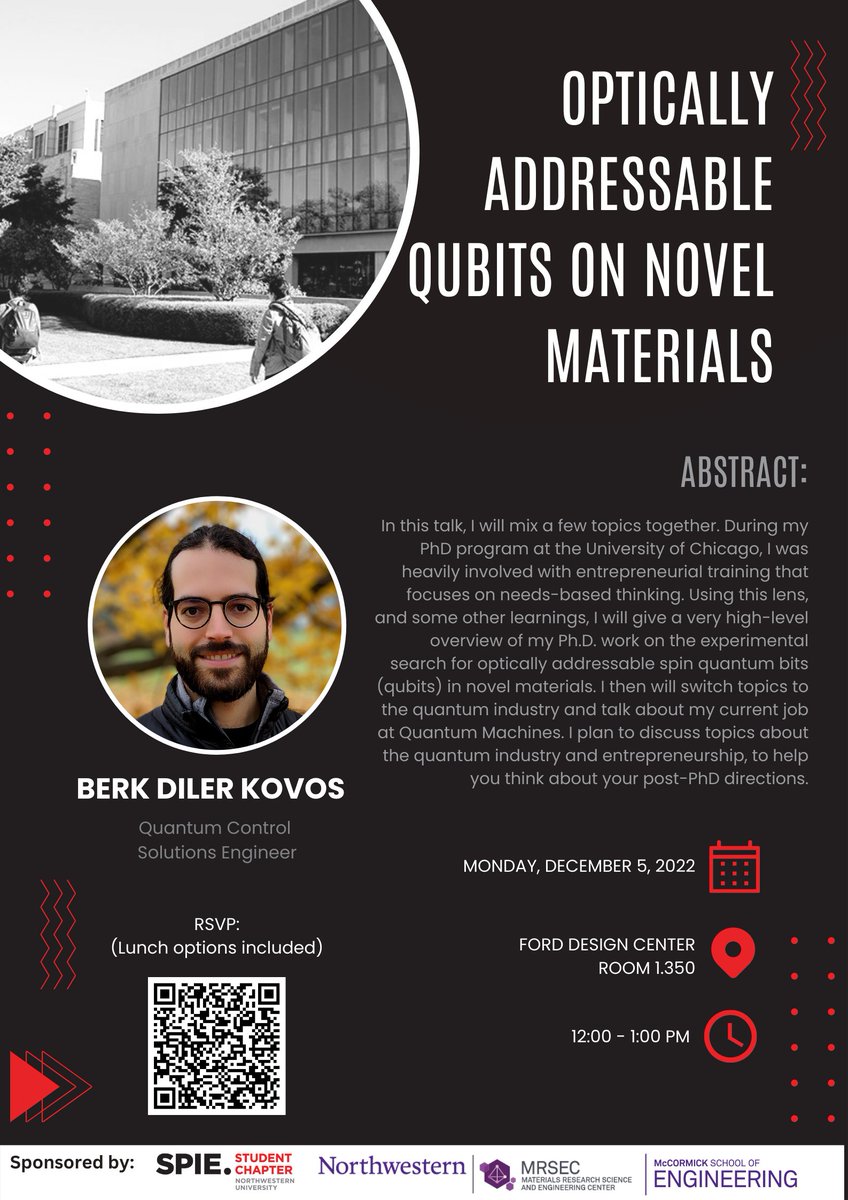On Monday 12/05/2022 at 12-1pm in Ford 1.350, we will have Dr. Berk Diler Kovos, a PhD graduate at University of Chicago and now a Quantum Control Solutions Engineer, present about "Optically Addressable Qubits on Novel Materials". Sign up below to RSVP for the seminar! #qubits