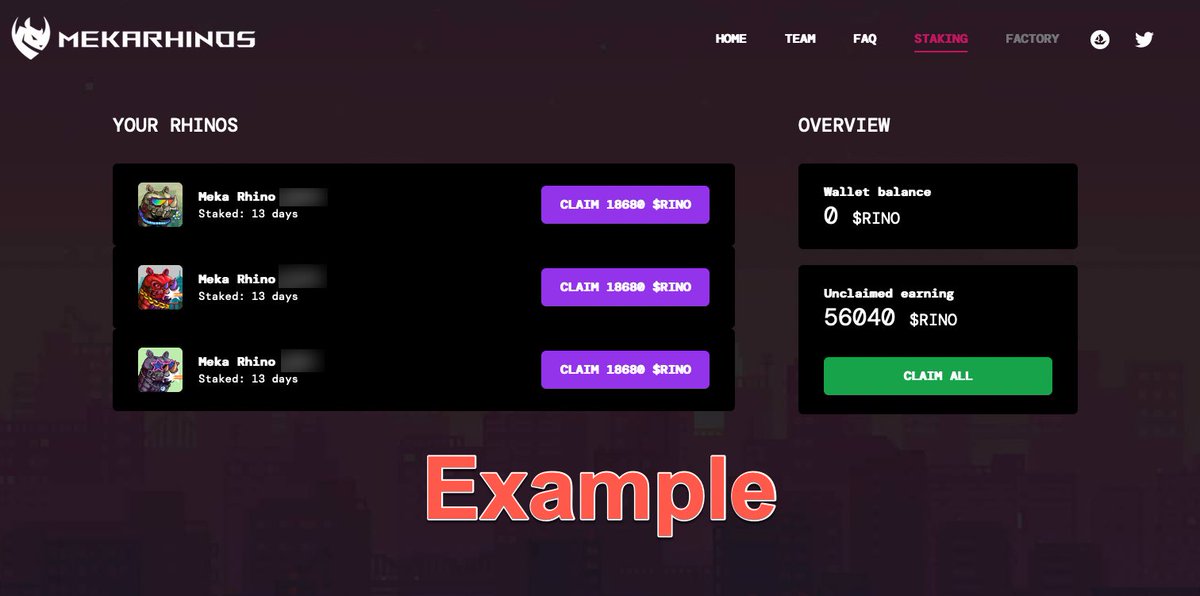 As many of you guys would know, our original RHNO coin was meaningless with bad efficiency and contract management.

However devs were able to totally reconstruct the staking system that holders doesnt have to do anything.

one $RINO coin per day per @mekarhinos
(2/6)