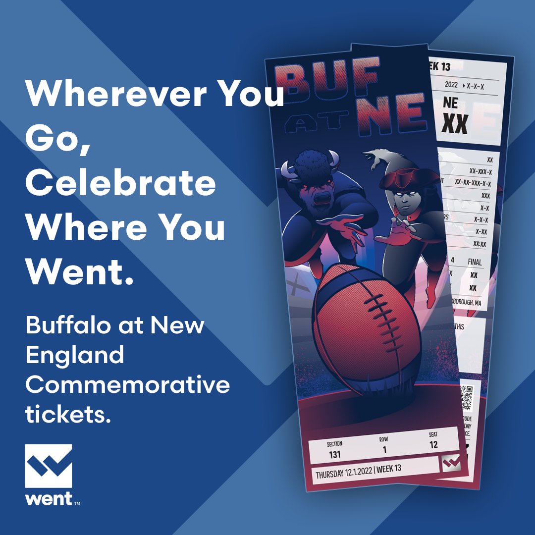 WentDotCo's tweet photo. Happy Wents-Day! The #Buffalo @ #NewEngland ticket is LIVE! π
Wherever you watch this pivotal matchup, celebrate where you Went with a commemorative ticket from @Wentdotco: https://t.co/uIkDuaqhkk
#BillsMafia #ForeverNE #BUFatNE #BUFvsNE https://t.co/yuPYXz06O9