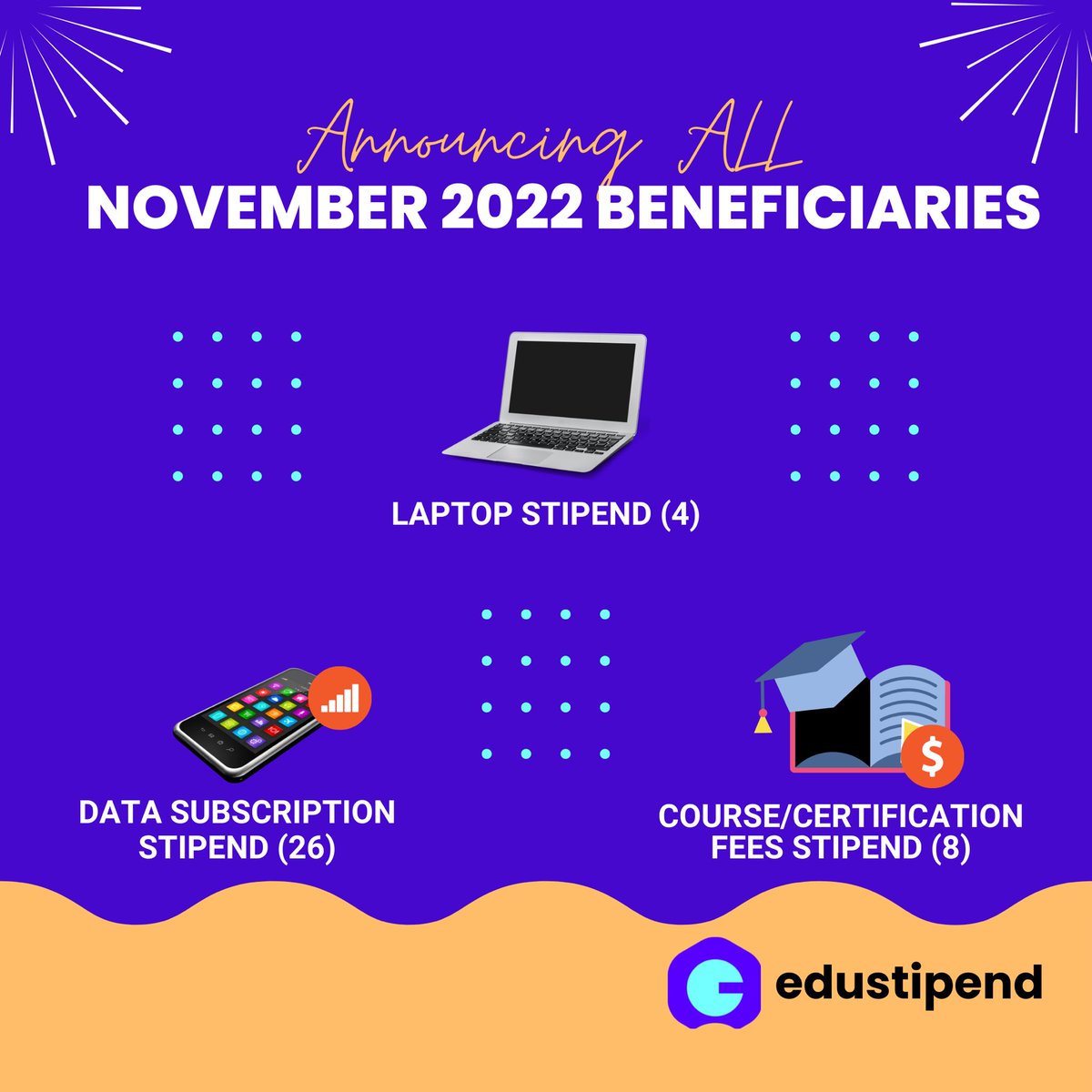 edustipend's tweet photo. As we come to the end of November 2022, we are pleased to announce the 38 beneficiaries of @edustipend monthly stipend:

• Laptop 💻 stipend: 4 beneficiaries

• Data📱 subscription stipend: 26 beneficiaries

• Course/Cert fees stipend: 8 beneficiaries

Congratulations! 🎊🎉 https://t.co/GvoEQaQ6f8