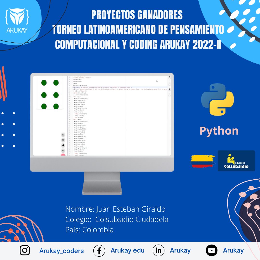 ArukayEdu's tweet image. 🥇Felicitamos a Juan Esteban Giraldo, estudiante del Colegio Colsubsidio Ciudadela, Colombia, al ser el ganador en su categoría #Python, al realizar proyecto consistente en el diseño de un juego, en el cual se simulaba un lanzamiento de dados, en #TorneodeProgramación #Arukay