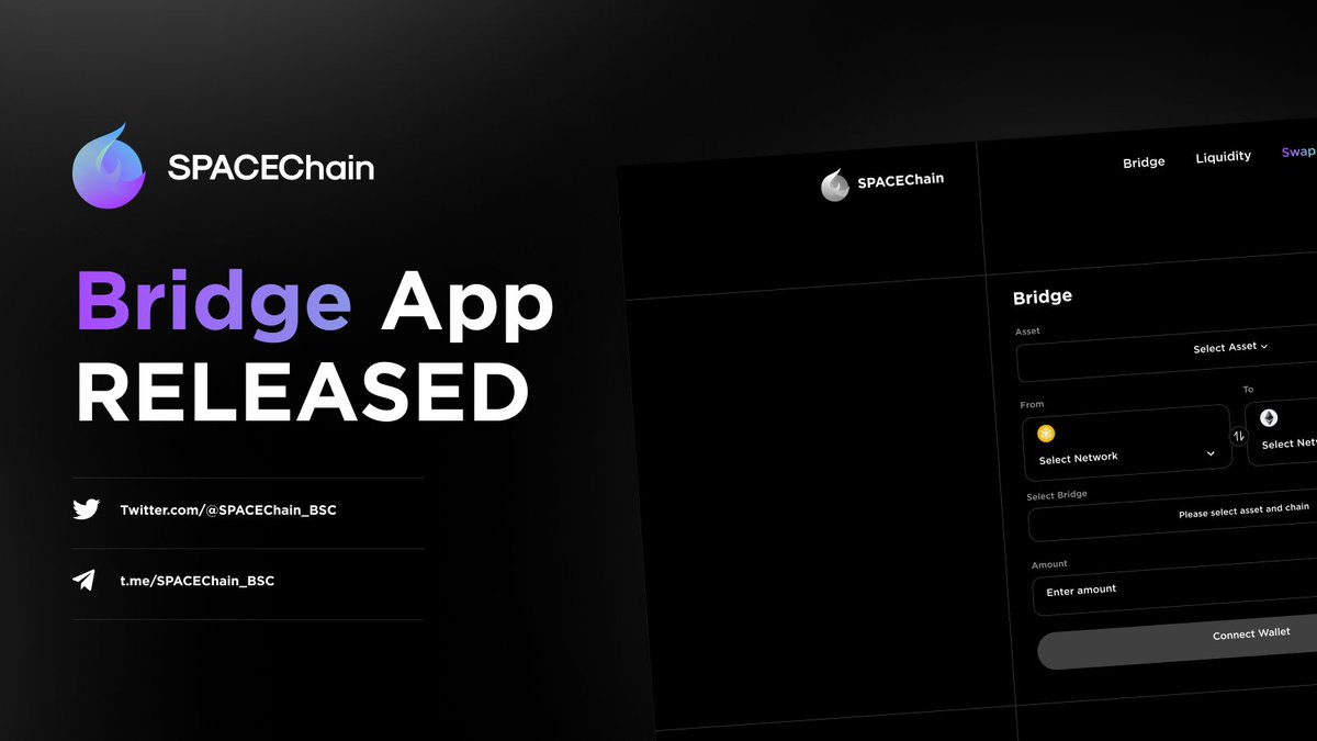 Bridge App has just been published in version live. ⚡️

If anyone from our community wants to transfer their tokens like USDT, USDC, ETH or BNB to SPACE or other network (e. g. Ethereum or BSC) we invite you to use our Bridge.

✅ Bridge: bridge.spacechain.finance